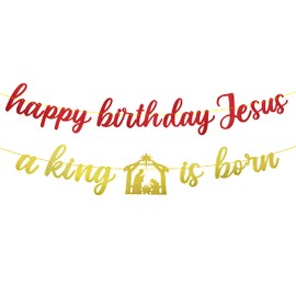 Happy Birthday Jesus Banner A King is Born Banner Decorations, Christian Christmas Jesus Birthday Party Decorations, Christmas Jesus Decorations, Christmas Holiday Decorations (Pre-assembled)