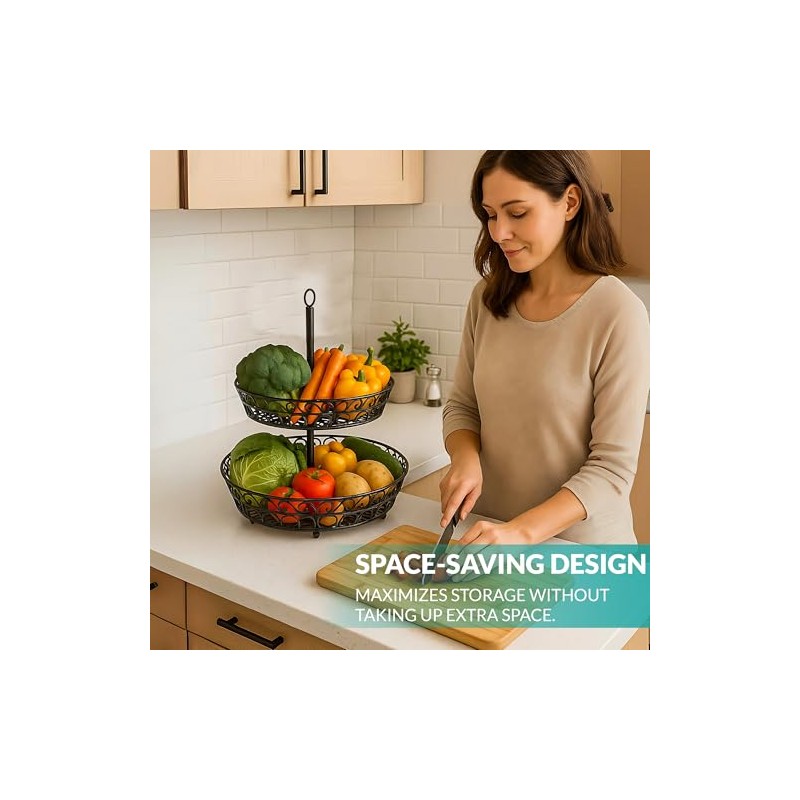 SDZOREN Metal 2-Tier Floor Fruit Basket – Easy to Assemble,