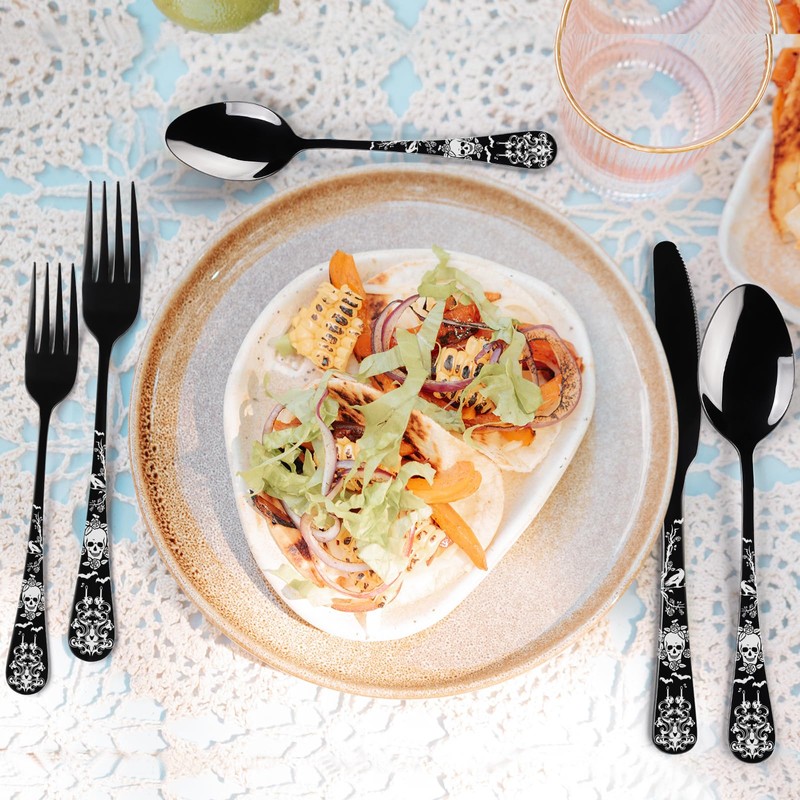 40-Piece Black Skull Silverware Set for 8, Flatware Set Stainless