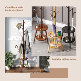 FILWH Freestanding Coat Rack with Umbrella Organizer Tray Bamboo Coat Tree Rack with 8 Hook Stand for Clothes Bag Hats Entryway Hanger Stand(Brown)