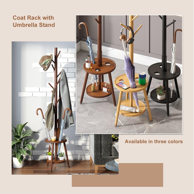 FILWH Freestanding Coat Rack with Umbrella Organizer Tray Bamboo Coat