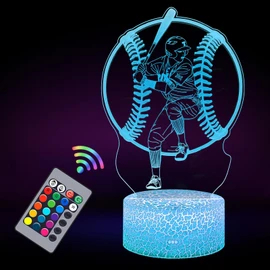 Baseball 3D Night Light for Kids - 16 Colors & Flashing Modes with Remote Control, Dimmable - Baseball Player Decor for Boys, Girls, Sport Fans