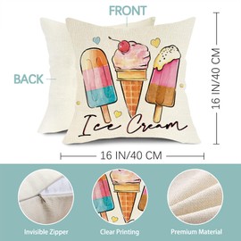 Fjfz Stay Cool This Summer Decorative Throw Pillow Covers 16 x 16 Set of 4, I Scream for Ice Cream Popsicles Porch Outdoor Home Decor, Colorful Stripes Seasonal Couch Cushion Case