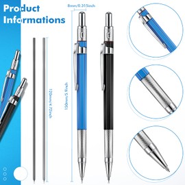 Gersoniel 2 Pcs Silver Welders Pencil with 12 Pcs 2.0 mm Round Refills Metal Marker for Steel Marking Pen Mechanical Pencil Set for Construction, Welding Tools, Workers(Blue, Silver, Black)