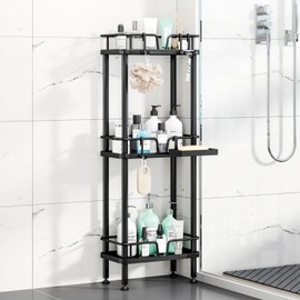 HapiRm Standing Corner Shower Caddy - 3 Tier Corner Shower Organizer with Soap Holder, Rustproof Stainless Steel Bathroom Shelf with 4 Hooks, Black