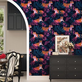 ILHIIOR Tiger Wallpaper Boho Peel and Stick Wallpaper Leaf Vintage Contact Paper Boho Blue Floral Wall Paper Removable Wallcovering Self Adhesive for Cabinet Drawers Wall Decor 17.5''x393''