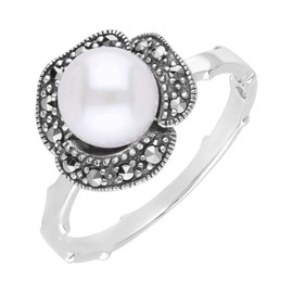 Esse Marcasite Sterling Silver White Pearl Floral Vintage Ring - Size L