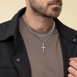 JIKASI Layered Cross Necklace for Men Gold/Silver Stainless Steel Cross Pendant Necklace Cuban Link Chains for Mens Christian Necklace, Cross Chain Necklace for Men Jewlery Gifts 17-20 Inches