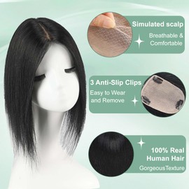 JONIJO Hair Toppers for Women Real Human Hair- 3D Upgrade Biological Scalp，Human Hair Toppers for Women with Thinning Hair, Clip in Bangs Topper Hair Pieces (Black, 14 Inch 30cm)