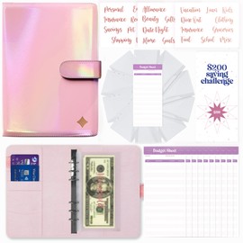 SOUL MAMA Budget Binder with Cash Envelopes - Holographic Money Organizer for Cash, A6 Binder Cash Envelopes for Budgeting, Money Saving Binder with Rose Gold Stickers