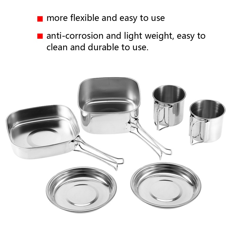 6Pcs Portable Stainless Steel Cookware Set Camping Picnic Outdoor Pan