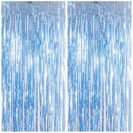 2pcs Tinsel Curtain Pink Glitter, 3ft X 6.4ft Aluminum Foil Flow Curtain Background Streamer, Girls Tinsel Curtains Pastel Foils Fringe,Birthday Party Wedding Holiday Backdrop Decoration (Light blue)