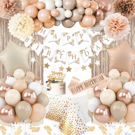 Birthday Decorations for Women, Party Decorations for Women with Beige Cream Neutral Balloons Birthday Sash Tablecloth Happy Birthday Banner Neutral Boho Bday Decorations for Men Woman Boys Girl