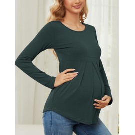 Oudrtent Women Maternity Shirts Short/Long Sleeve Peplum Tunic Tops - Front Pleat Round Neck Pregnancy Clothes