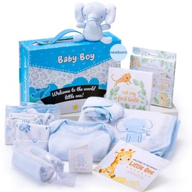 Hattie's Gifts Baby Boy Hamper - New Born Baby Gift Baby Essentials, Elephant Theme Clothing, Milestone Cards, Soft Toy - Baby Shower & Christening Gift for Boy in a Keepsake Box (Newborn)