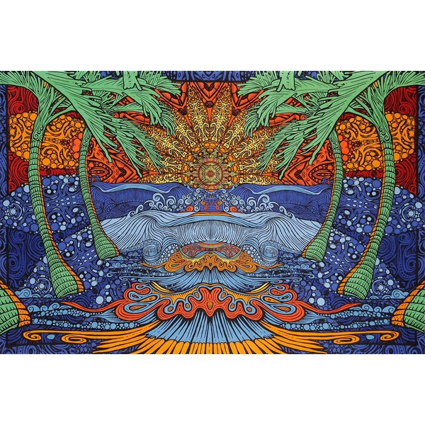 Sunshine Joy 3D Epic Tropical Paradise Surf Wave Palm Tree Tapestry Tablecloth Beach Sheet Wall Art Huge 60 x 90 Inches - Classic