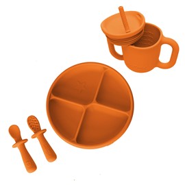 TalkTools Itsy Baby Utensil Set – Silicone Training Cup, Plate and Twin Spoon Pack for Toddlers| Infant First Food Self Feeding Silicone Training Set (Tangerine)