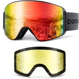 Odoland Ski Goggles Set with Detachable Magnetic Lens, Frameless Interchangeable Lens for Cloudy or Sunny, Anti-Fog UV Protection Men Women Snow Goggles for Skating Skiing and Snowboard
