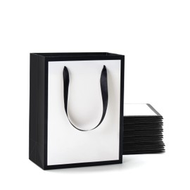 White and Black Gift Bags with Ribbon Handles, YACEYACE 20Pcs 8"x4.25"x10.5" Medium Size White and Black Paper Gift Bags for Party, Birthday,Baby Shower,Black Gift Bags Bulk, White Gift Bags Bulk