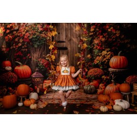 Kate Fall Maple Leaves Arch Door Backdrops for Photography Autumn Pumpkins Thanksgiving Day Backdrops for Kids Brown Wooden Door Background Photo Fabric Props 7x5ft