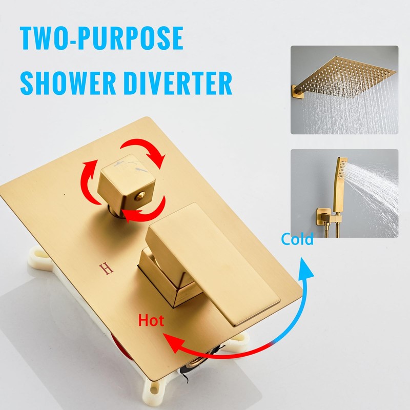 SaniteModar Brushed Gold Shower Head System 12 Inch Square Rainfall