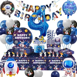 Space Party Tableware Set for 4 Years, Space Birthday Decoration, 16 Guests