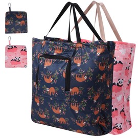 SANFERGE 2 Pack Travel Laundry Bag with Handle and Drawstring, Expandable Foldable Dirty Clothes Bags with Hook and Zipper, 23*20 inch, Panda & Sloth