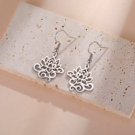 KKJOY Lotus Flower Dangle Earrings Stainless Steel Yoga Pendat Inspirational Jewelry for Women Charming Ladies (Silver)