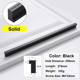 Qrity Aluminium Alloy Furniture Handle Bar Handle Hole Spacing 256 mm Kitchen Handle Cabinet Handles Drawer Handles, Black 2 Pieces