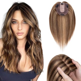 Fellissy Hair Topper for Women 100% Human Hair Topper with No Bangs Hair Pieces for Women with Thinning Hair 14 Inch #4P27 Chocolate Brown mixed Light Brown