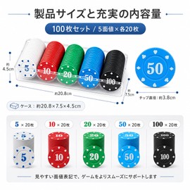 ポーカーチップ カジノチップ 100枚セット 5種類 数字刻印あり セット 専用収納ケース付 プラスチック テキサスホールデム ホーム 初心者向け ボードゲーム パーティー グッズ