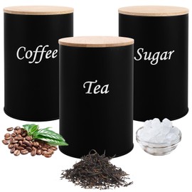 AHAQU 3PCS Tea Coffee and Sugar Canisters Set, 9.5x9.5x14.2cm Tea Coffee Sugar Jars with Bamboo Lids, Metal Kitchen Canister Sets Black for Food Storage