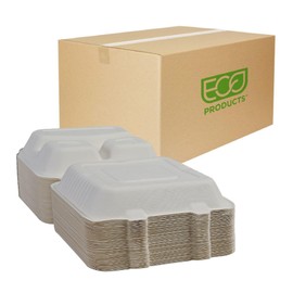 ECO PRODUCTS Compostable 9" Soak Proof Clamshell To Go Containers, Case of 200, 3 Compartment, Square Takeout Food Box, White Renewable Lined Molded Fiber, Cut Resistant, ASTM Compliant