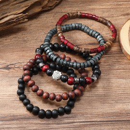 RUICHING Boho Beaded Bracelets, Wooden Bead Bracelet, 5PCS Black Red Multi-layer Bracelet Hippy Accessories Gifts for Men Women