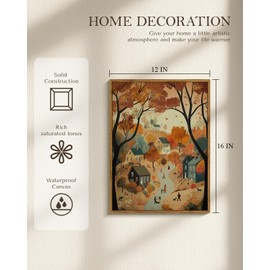 WHASAYART Autumn Cozy Village Landscape Scene 12x16 Framed Canvas Print, Rustic Fall Country Trees Wall Art with Warm Colors, Thanksgiving House Office Entryway Seasonal Decor
