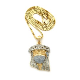 Silver Tone Micro Crown of Thorns Mask Jesus Face Pendant 2mm 24" Box Chain Necklace MMP85GRBX