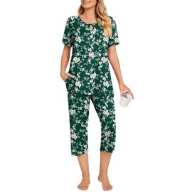Aodemo Womens Summer Pajama Sets Keyhole Sleepwear Ladies Short Sleeve Nightwear Capri Pants Pjs Lounge with Pockets 2XL, Green Floret