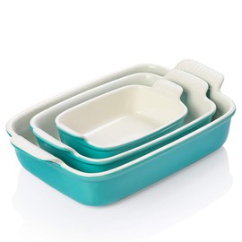Sweejar Baking Pans Set, Ceramic 9x13 Baking Dish with Handle, Rectangular Casserole Dishes for Oven, Bakeware Sets of 3, Durable Lasagna Pan Deep for Kitchen, Banquet, Wedding Gift(Turquoise)