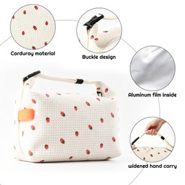SUOXU Lunch Bag for Women Men,Cooler Bag for Work School Picnic, Reusable Insulated Lunch Box Bag, Waterproof and Oil-Proof Corduroy Tote Bag, Portable Picnic Bag Cool Bag-8L（White-Strawberry）