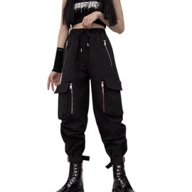 MEINVQIAOTI Black Cargo Pants Women Loose Chained Pants Multi-Pocket Multi-Zip Punk Goth Pants (Black,XL)