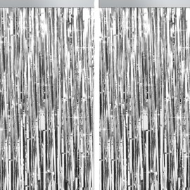 4 Packs Silver Foil Fringe Curtain, Silver Metallic Tinsel Backdrop for Birthday, Wedding, Baby Shower, Engagement, Bachelorette Party, Christmas Holiday Celebration Party Decorations Supplies
