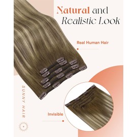 Sunny Hair Sunny Hair Clip in Hair Extensions Straight Human Hair Clip in Extensions Remy Clip in Hair Extensions Real Human Hair Extensions Clip ins Ombre Walnut Brown to Light Brown Blonde 12inch