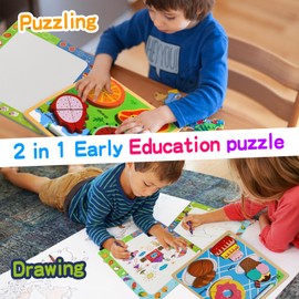 MerryPony Toddlers Puzzles and White Board with Markers 2-in-1, Puzzles for Toddlers 2-4, Wooden Puzzles for Toddlers 1-3, Baby Puzzle, Montessori Puzzles, Montessori Toys for 2, 3, 4 Year Olds
