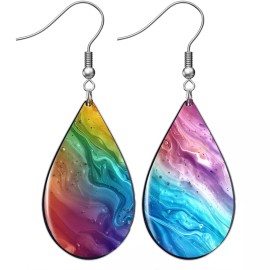 the fun things Rainbow Alcohol Ink Teardrop Earrings .925 Sterling Silver Wires Dangle Artisan