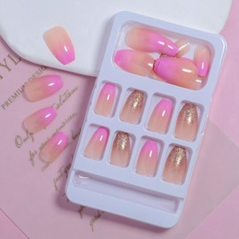 Pink Press on Nails Short Coffin Cute Nude Gradient Fake Nails with Golden Glitter Designs Full Cover Faux Nails Press ons Reusable Glue on Nails for Women and Girls Daily Wear 24 Pcs