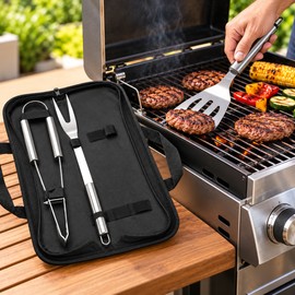 3-Piece Stainless Steel BBQ Grill Tool Set for Outdoor Cooking – Portable Grilling Utensils with Carrying Case for Camping and Backyard BBQs