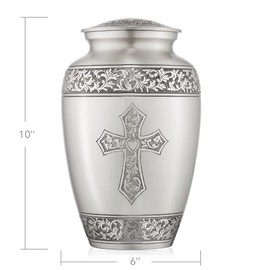 Reminded Adult Cremation Memorial Urn for Human Ashes, Pewter Etched Cross Brass Funeral Urn with Velvet Bag