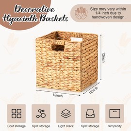 Layhit 4 Pcs Wicker Storage Basket Water Hyacinth Handwoven Baskets with Handles Foldable Woven Organizer Multipurpose Wicker Storage Bins for Bedroom Living Room(12 x 12 x 12'',Natural)