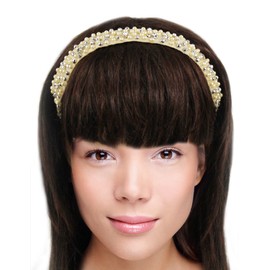 Dahlia Women's Elastic Headband - Dazzling Rhinestone Faux Pearl Bead - Cream