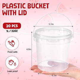 PerKoop 20 Pcs 32 oz Ice Cream Buckets with Lids and Handles Clear Cocktail Rum Buckets with Stickers Plastic Transparent Tub Reusable Food Storage Containers for Parties(Watermelon)